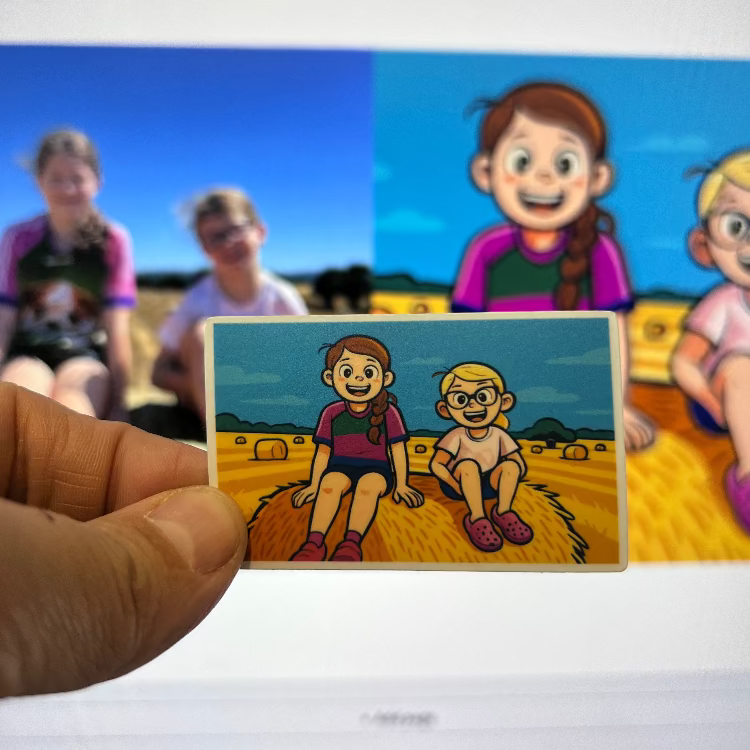 Cartoon illustration of two children sitting on a field with a hand holding a smaller version of the illustration.