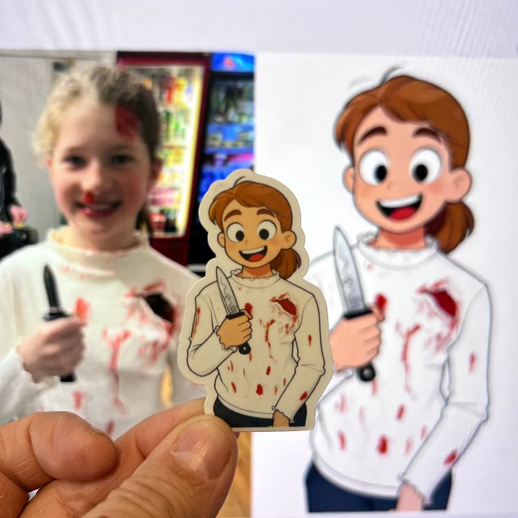 Cartoon character holding a knife with bloodstains on a white shirt, next to a person with similar bloodstains.