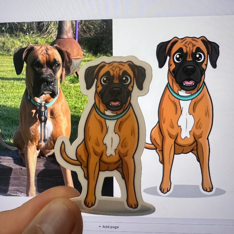Cartoon illustration of a dog next to a photo of a real dog outdoors.