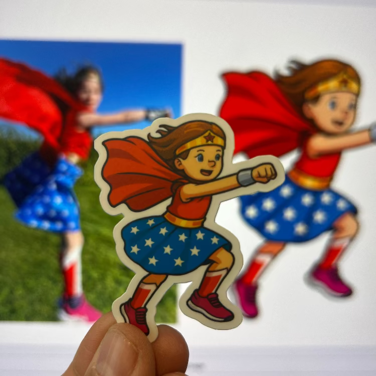Sticker of a superheroine with cape and red outfit held in front of a blurred background with children playing.