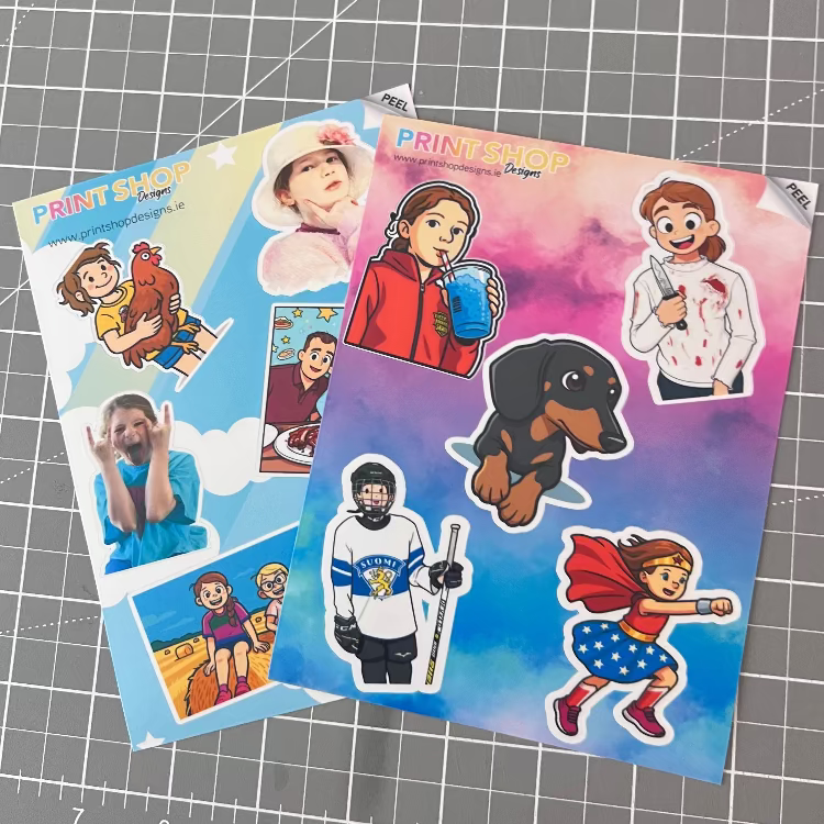 Sticker sheets with various characters on a grid background