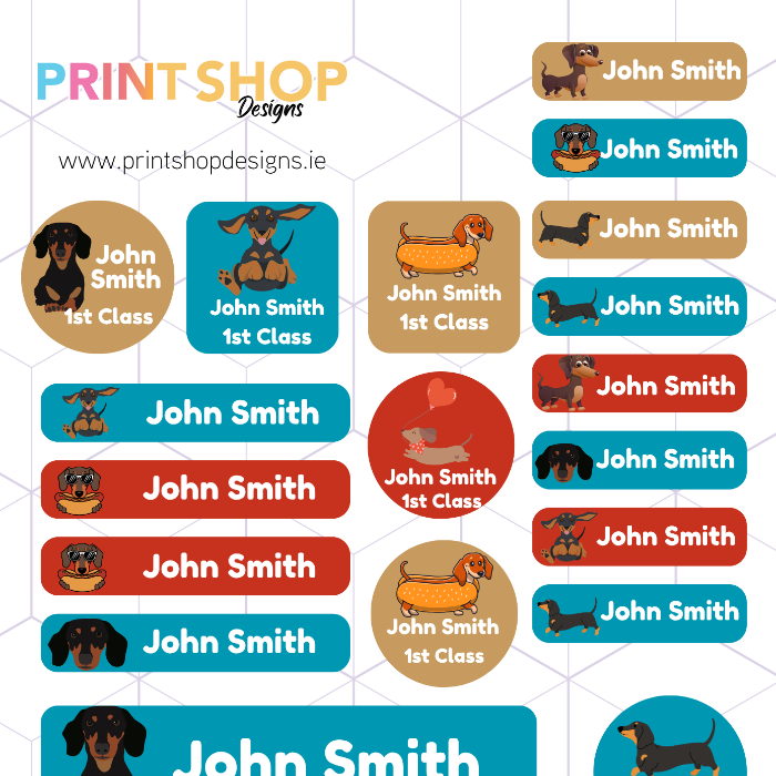 Collection of personalized name labels with 'John Smith' and 'Jessica Smith' on a grid background.