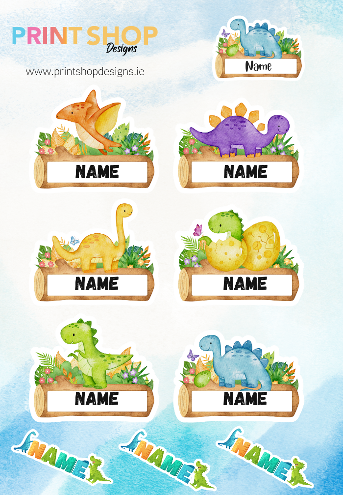 Children's name labels with cartoon dinosaurs on a blue watercolor background