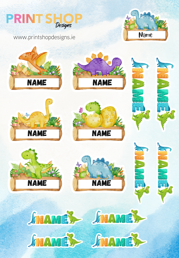 Set of name labels with colorful dinosaur designs on a blue background