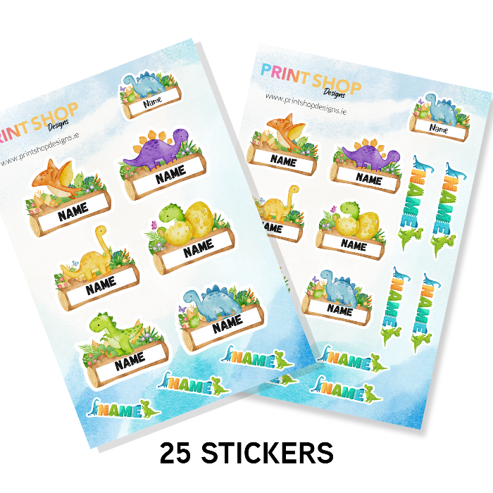 Two sheets of name labels with dinosaur designs and 'Print Shop' branding.