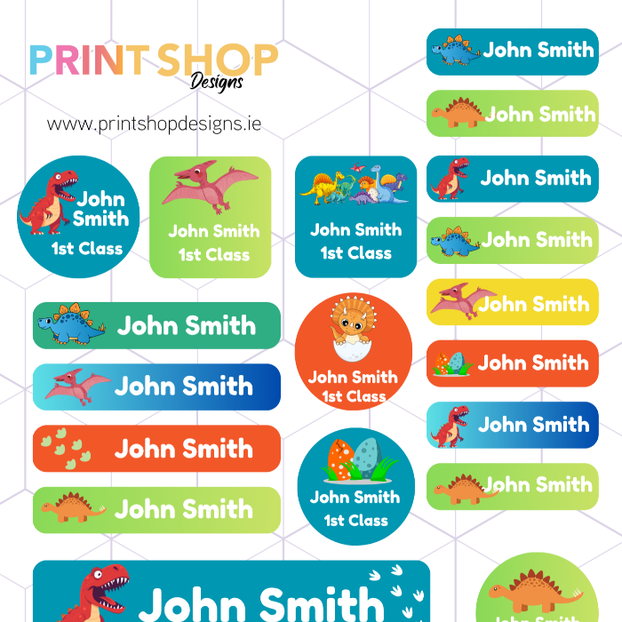 Collection of name labels with dinosaur designs and 'John Smith' text on a grid background.