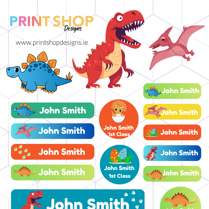 Collection of colorful name labels with dinosaur designs on a white background
