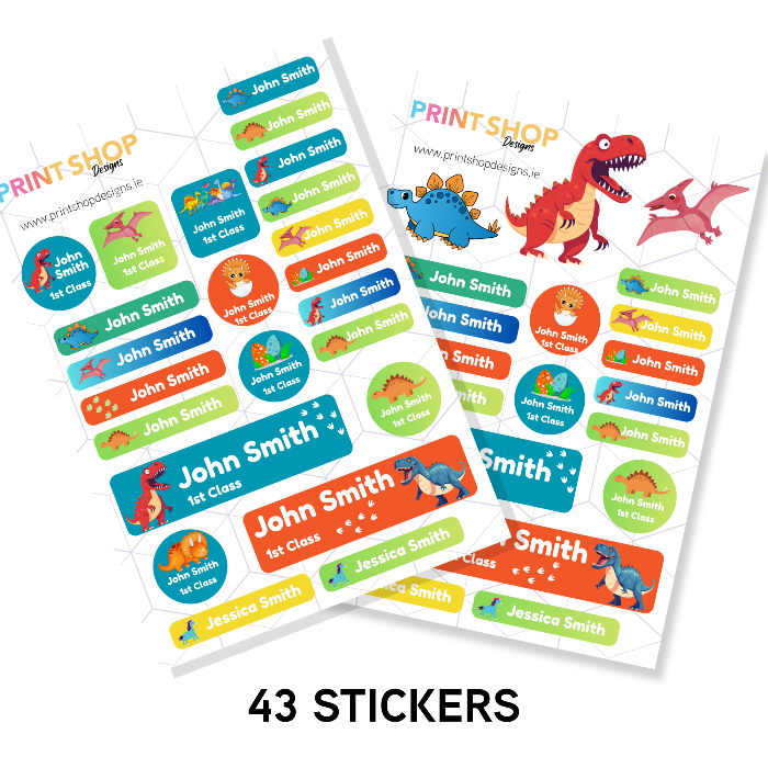 Collection of colorful name labels with dinosaur designs on a white background