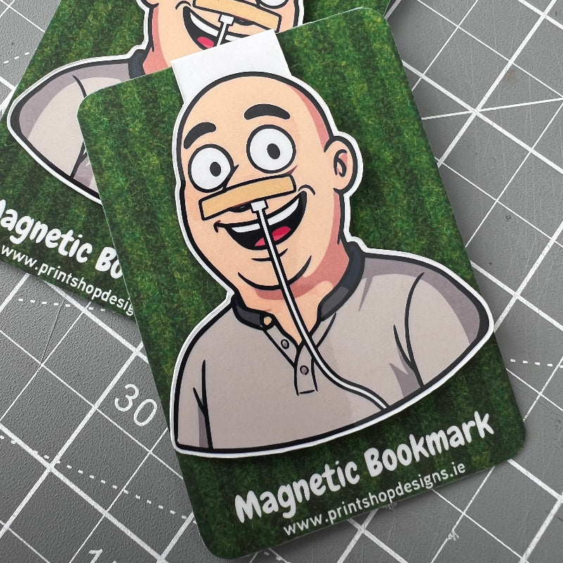Magnetic bookmark with cartoon character design on a grid background