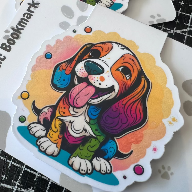 Colorful dog illustration on a white card with 'Bookmark' text.