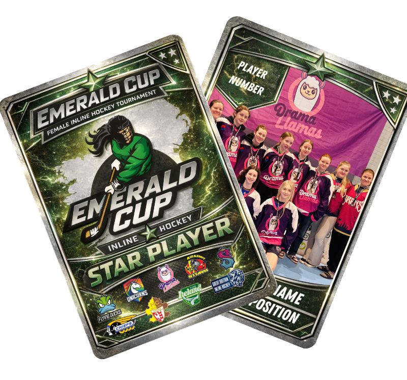 Two trading cards featuring the Emerald Cup inline hockey event on a white background