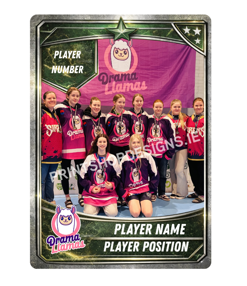 Team photo with 'Drama Llamas' branding on a promotional card.