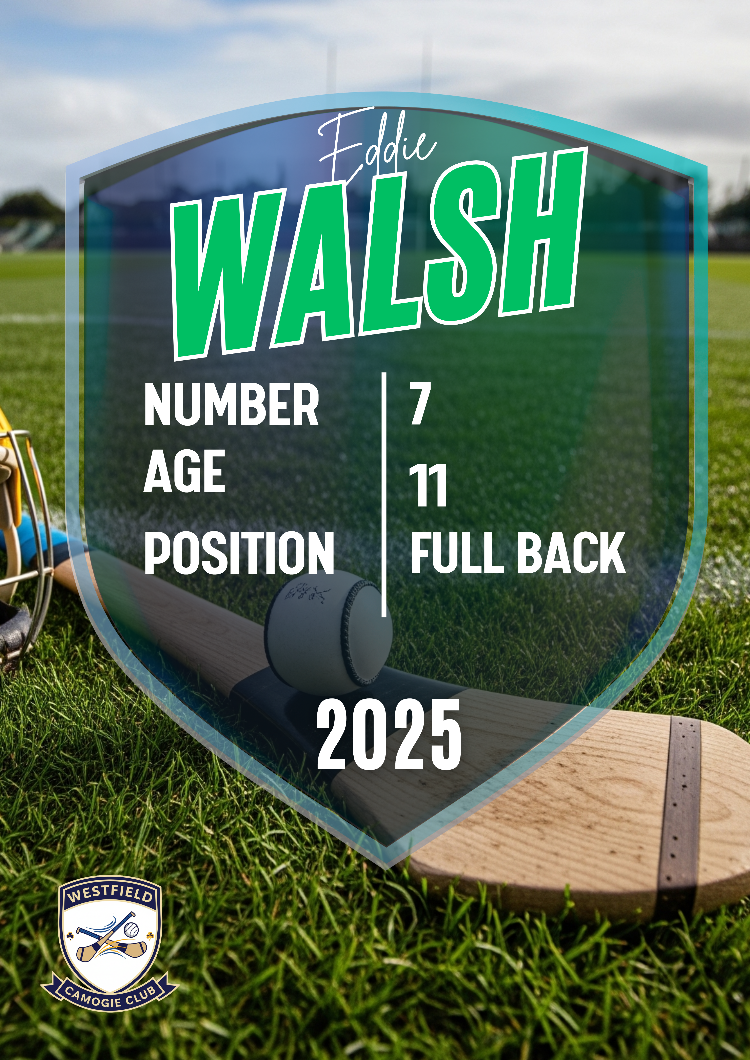 Soccer cleat with Eddie Walsh's information on a grass field background