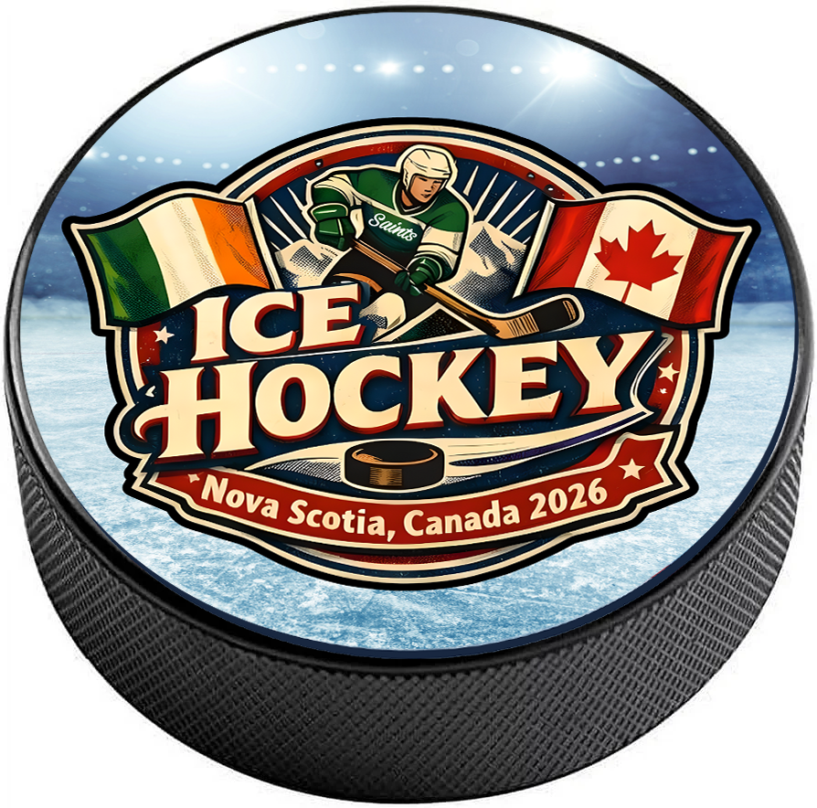 Hockey puck with ice hockey design featuring a player, flags, and text about Nova Scotia, Canada 2026.