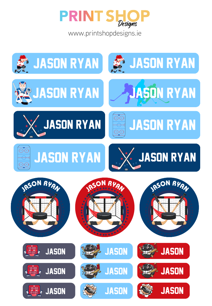 Collection of 'Jason Ryan' name labels with hockey-themed designs on a white background.