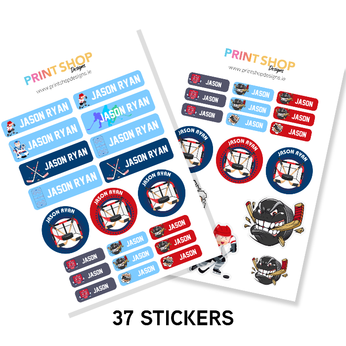 Two sheets of personalized stickers with various designs and 'JASON RYAN' text, branded 'Print Shop Designs'.