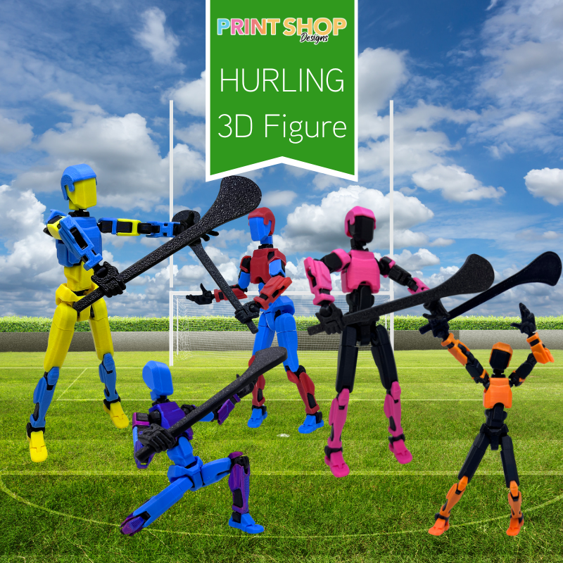 Colorful 3D figure toys on a sports field with 'Print Shop' branding.