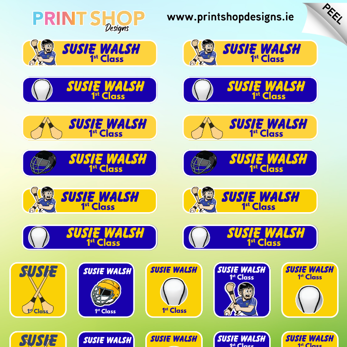 Collection of hurling labels with various sports-themed designs on a green background.