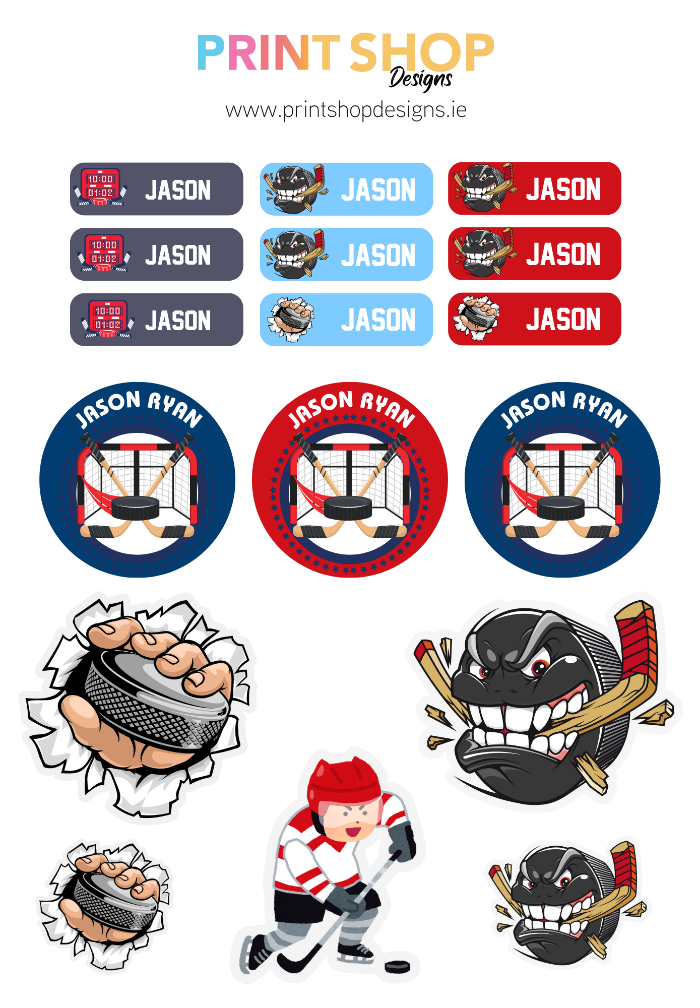 Collection of hockey-themed labels and graphics with 'Jason' branding on a white background.