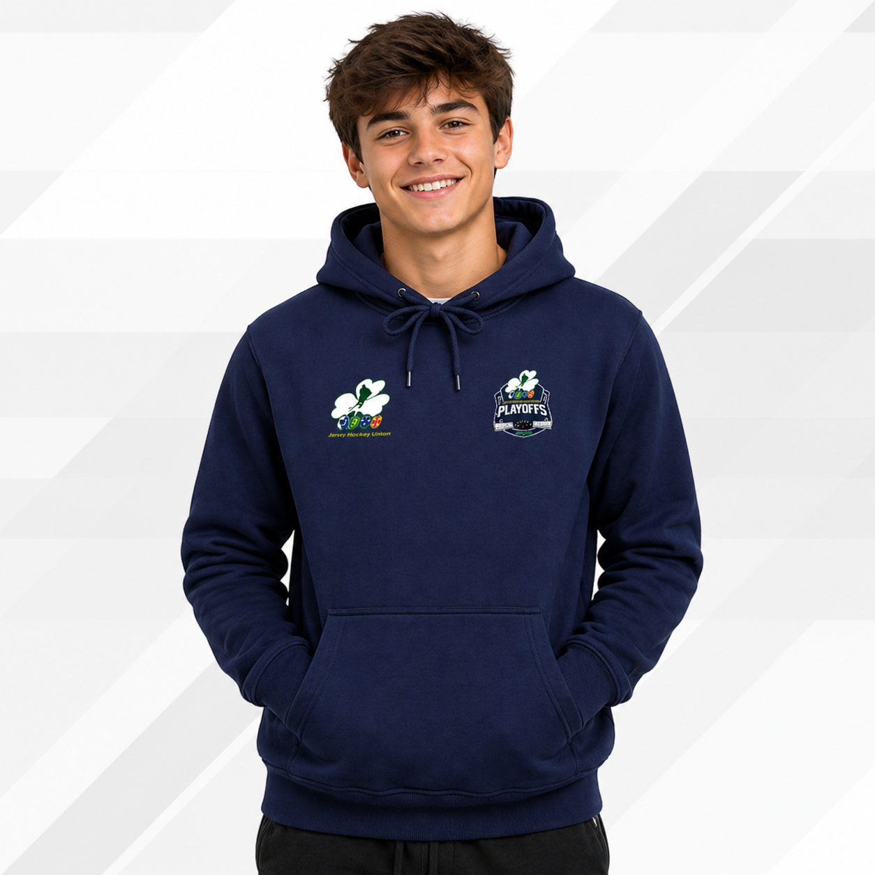 Person wearing a navy hoodie with logos on a white background
