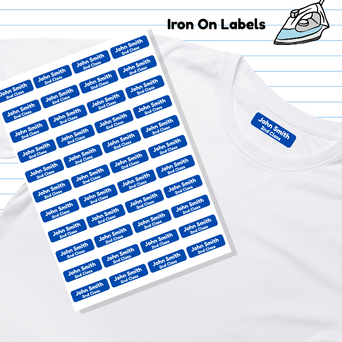 Sheet of iron-on labels with a name and class on a white shirt.