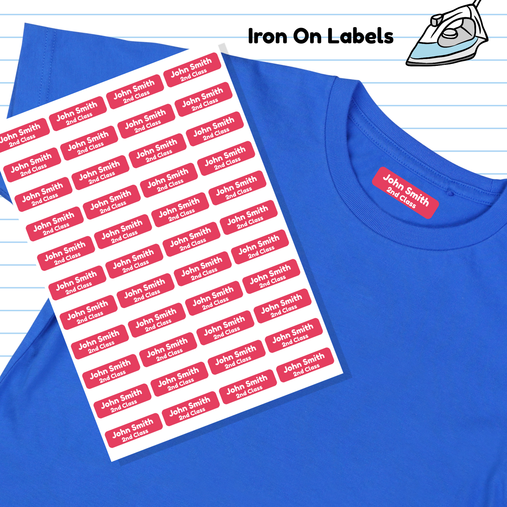 Sheet of iron-on labels with a blue shirt displaying an ironed label.