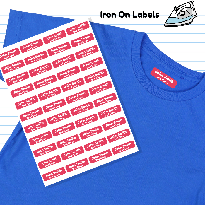 Sheet of iron-on labels with a blue shirt displaying an ironed label.