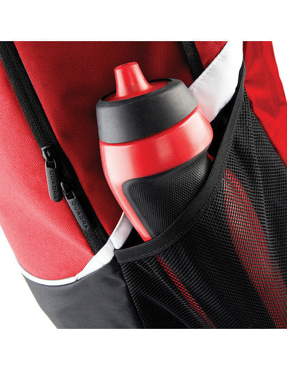 Red and black water bottle in a red backpack