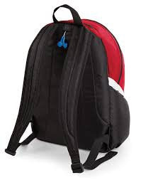 Black and red backpack with a white stripe on a white background
