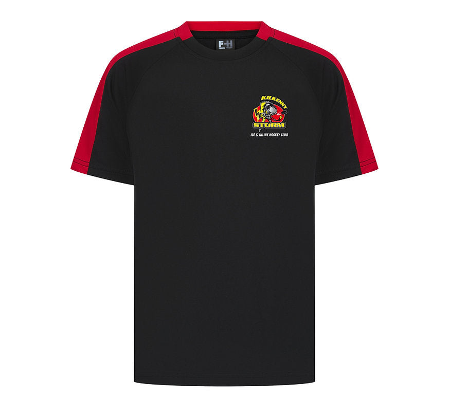 Black t-shirt with red sleeves featuring a logo on a white background