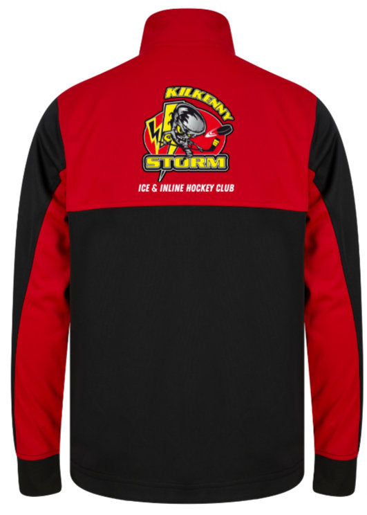 Red and black jacket with a logo on the back on a white background