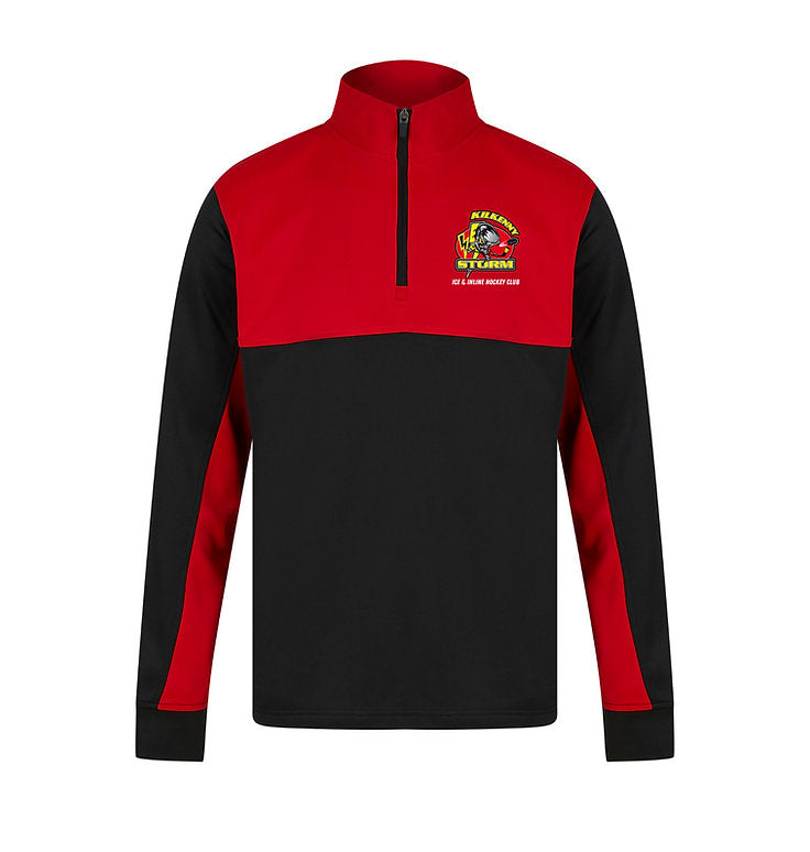 Red and black pullover with a logo on a white background