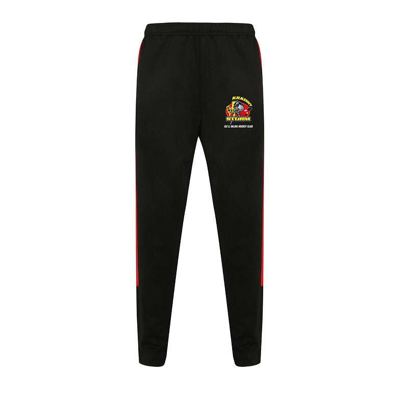 Black tracksuit pants with red accents on a white background