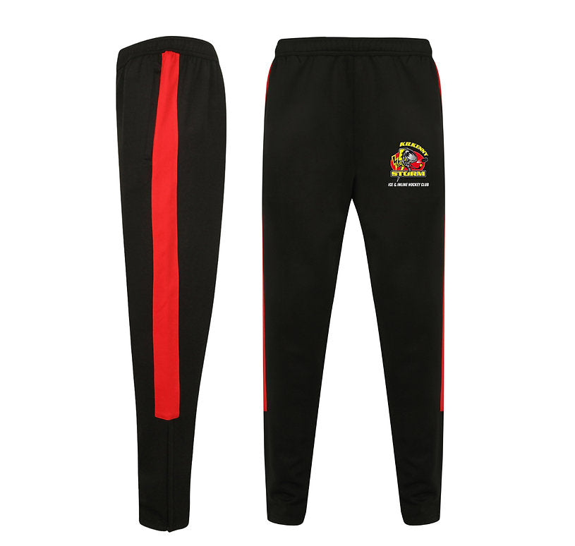 Black tracksuit pants with red stripe and logo on a white background