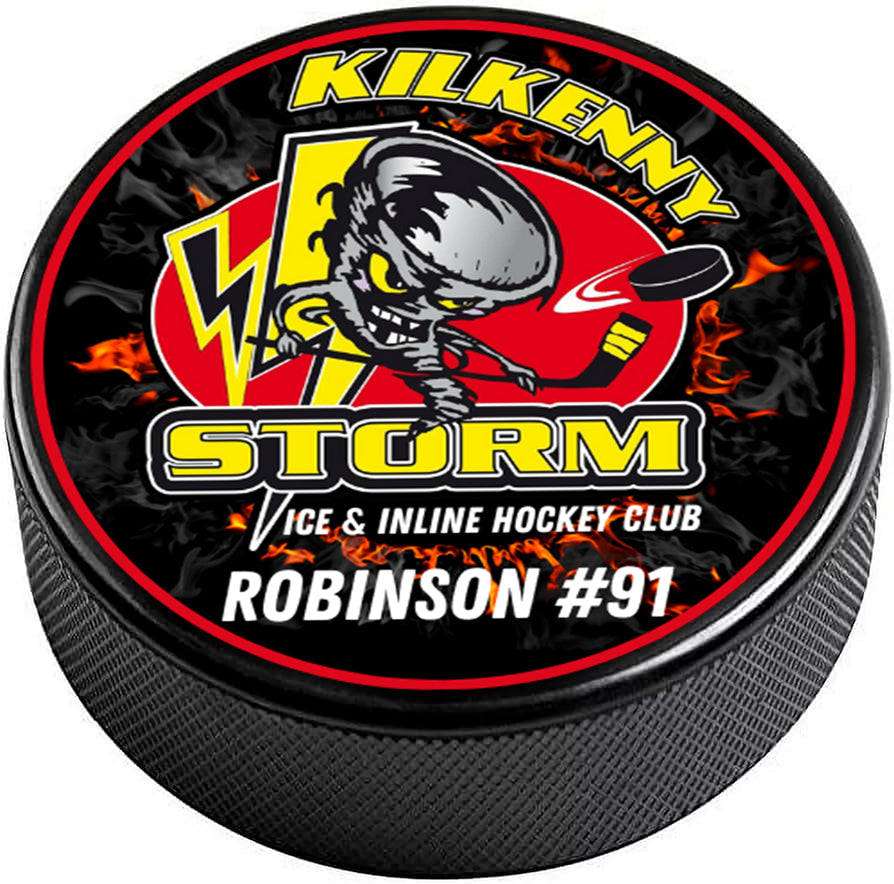 Hockey puck with Kilkenny Storm Ice & Inline Hockey Club branding and Robinson #91 on a black background.
