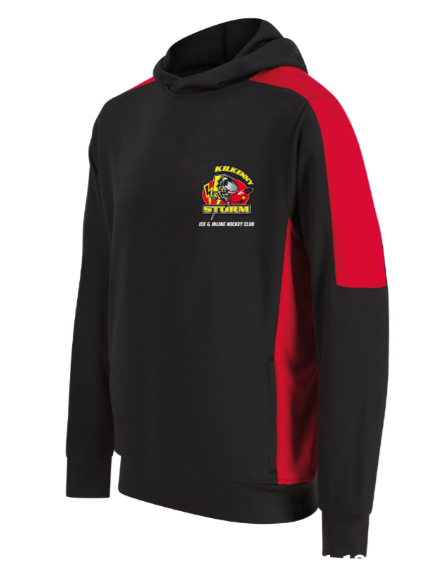Black and red hoodie with a logo on a white background