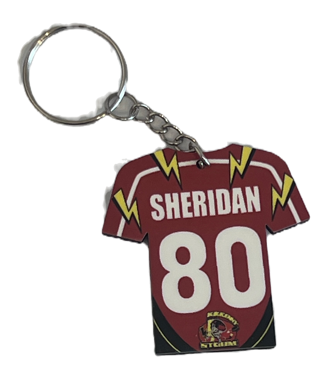 Keychain in the shape of a maroon sports jersey with 'Sheridan 80' printed on it, on a white background.
