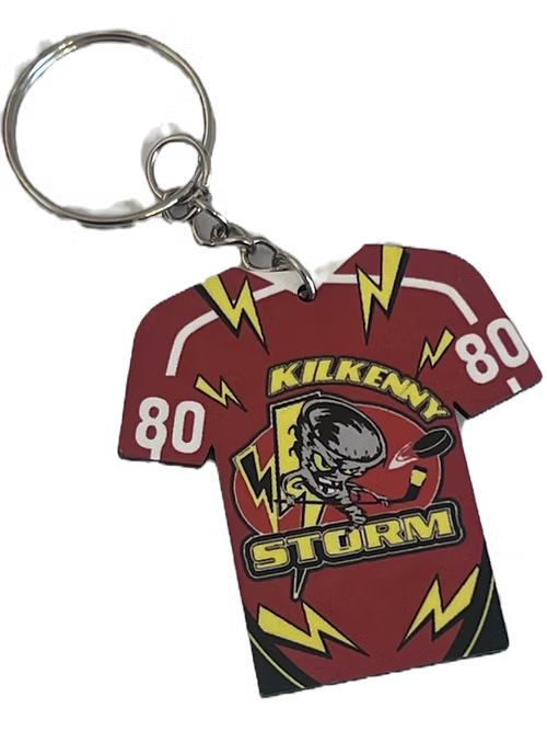 Keychain shaped like a maroon sports jersey with 'Kilkenny Storm' and number '80' on a clear background