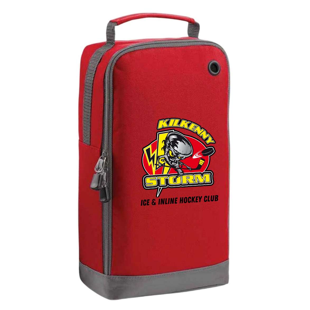 Red and gray shoe bag with Kilkenny Storm logo on a white background