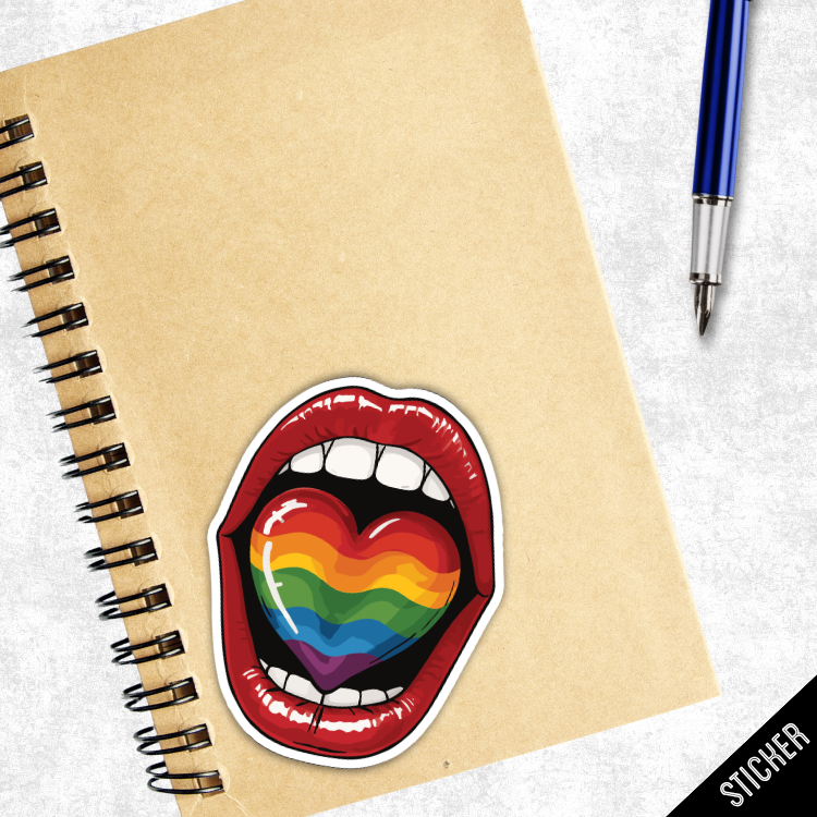 Sticker of a mouth with a rainbow heart on a beige notebook