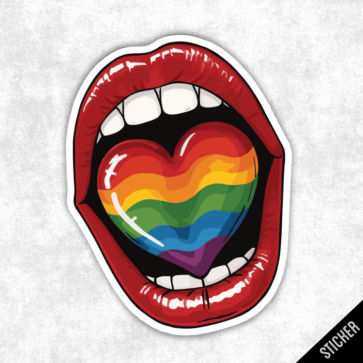 Sticker of a mouth with a rainbow heart inside on a textured white background