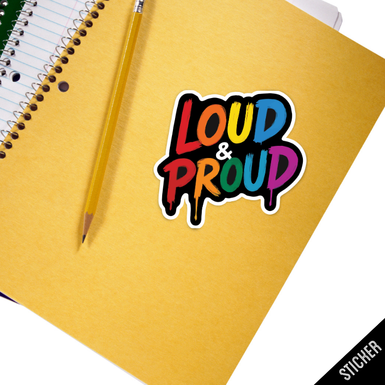Yellow notebook with a rainbow 'LOUD & PROUD' sticker and a pencil on a white background