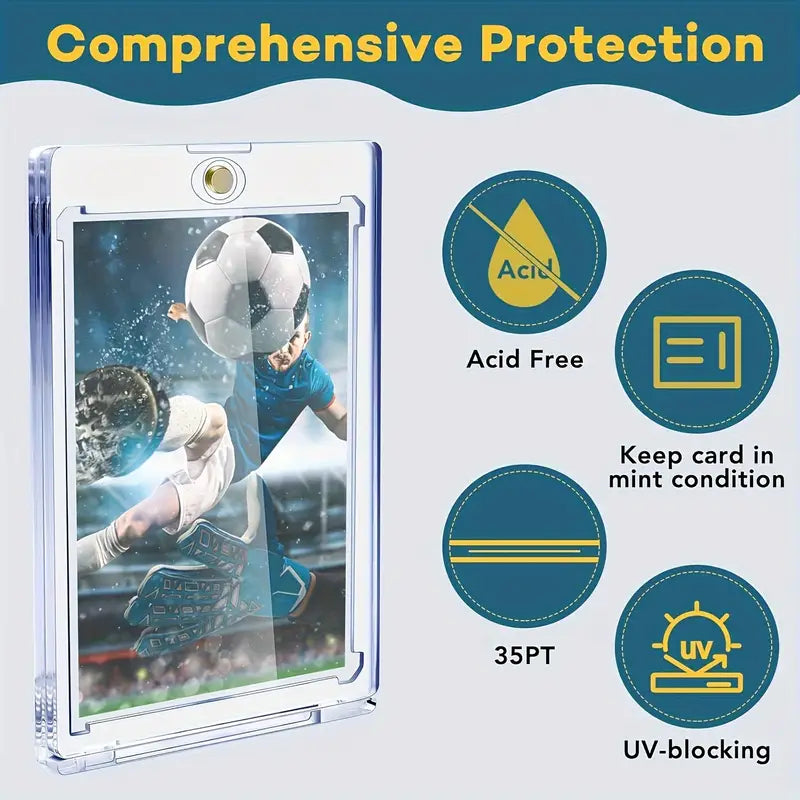 Card protector with soccer player image and protective features on a light blue background