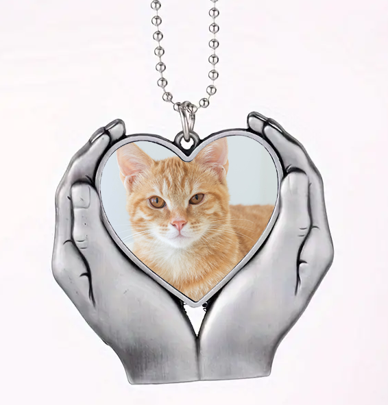 Heart-shaped pendant with a cat's face held in silver hands on a white background