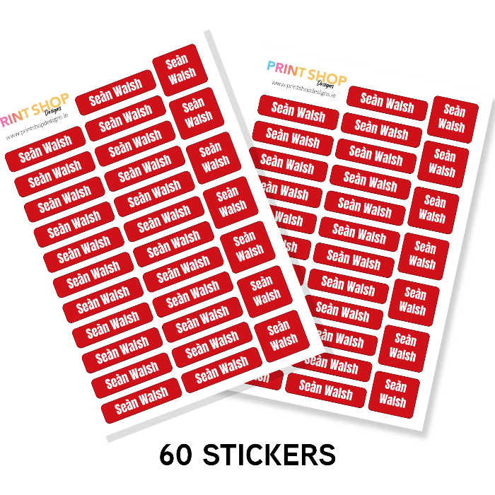 Two sheets of red stickers with 'Sean Walsh' text, labeled 'Print Shop'.