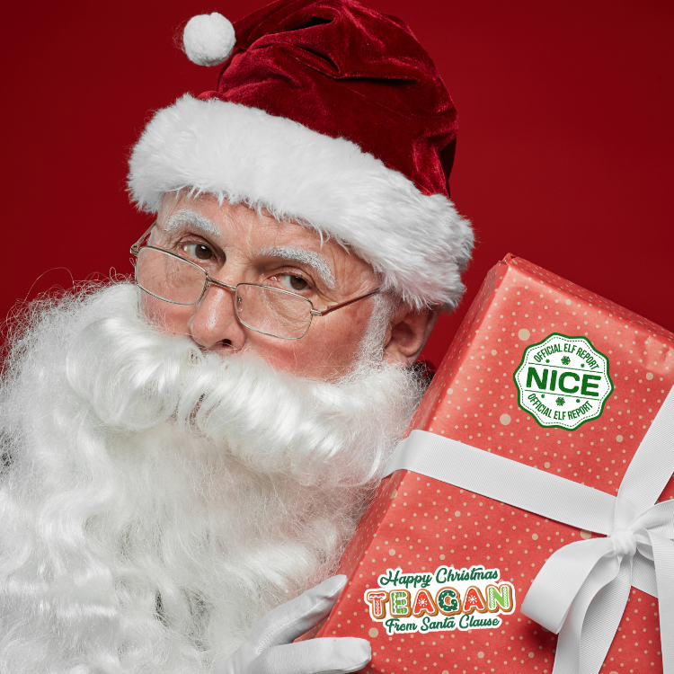 Santa Claus holding a gift with a 'NICE' label and 'Teagan' text on a red background