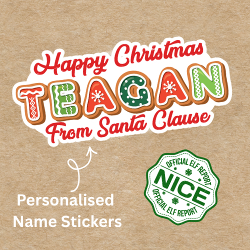 Personalized Christmas sticker with 'Happy Christmas TEAGAN From Santa Clause' on a brown background.