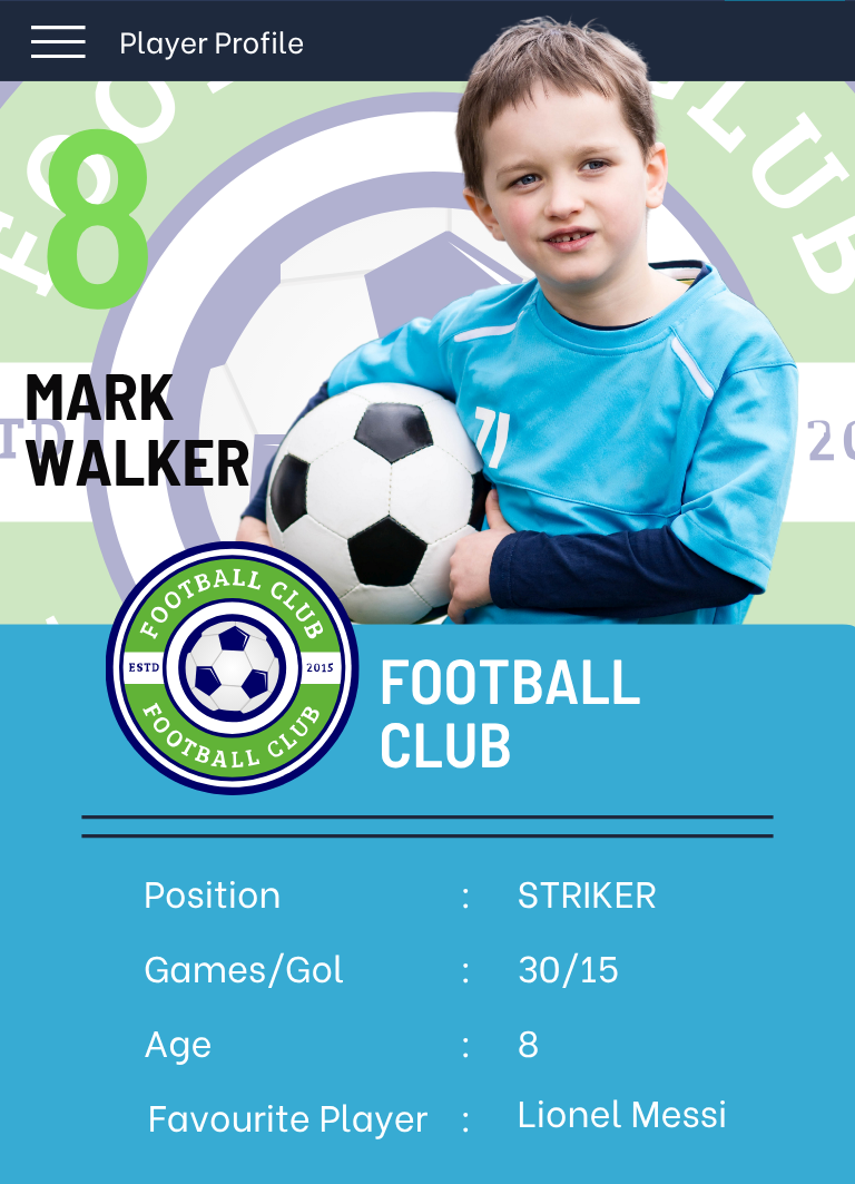 Young boy holding a soccer ball with 'Football Club' branding and player profile details.