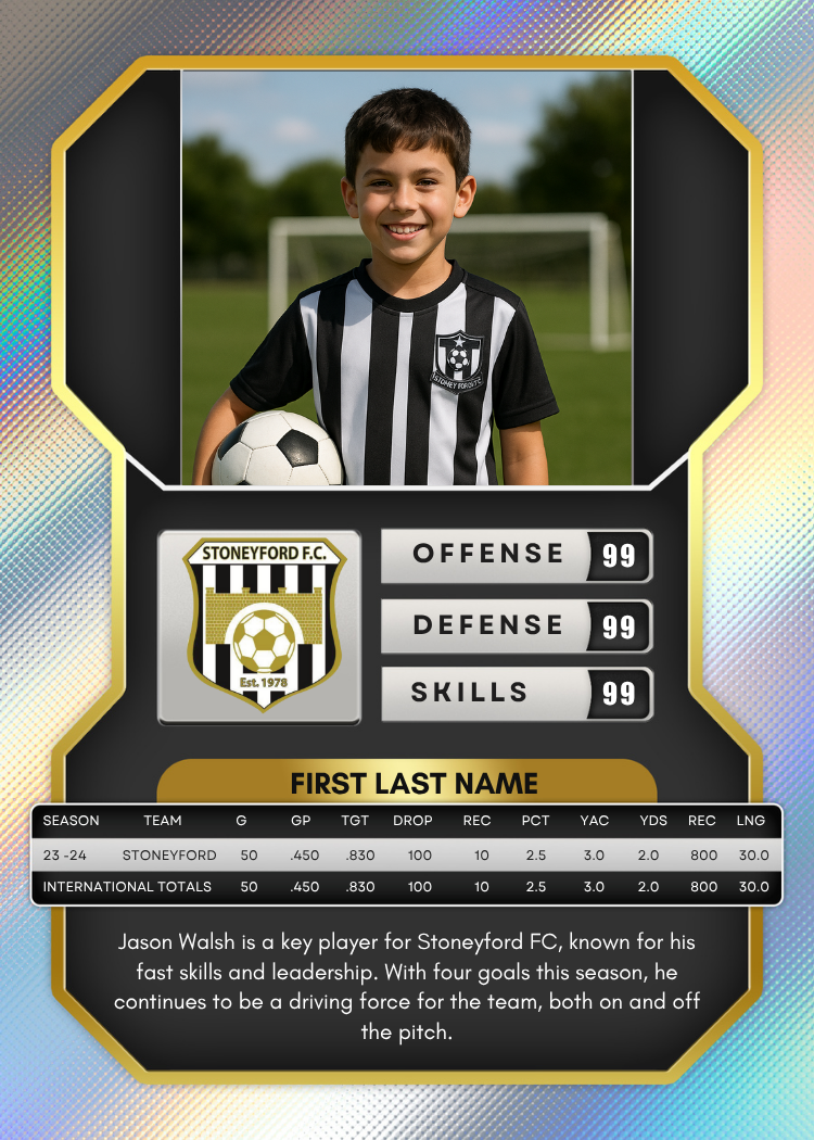 Soccer player card with a young boy holding a soccer ball, featuring the Stoneyford FC logo and player statistics.