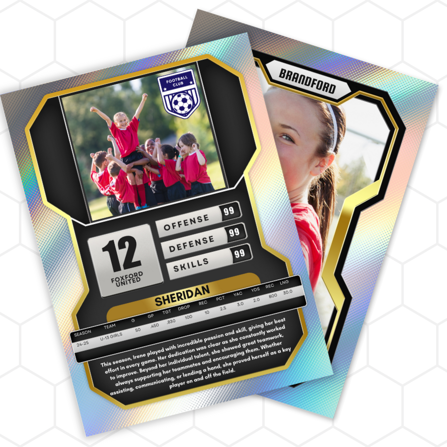 Soccer trading card with player photo, stats, and team name on a hexagonal patterned background
